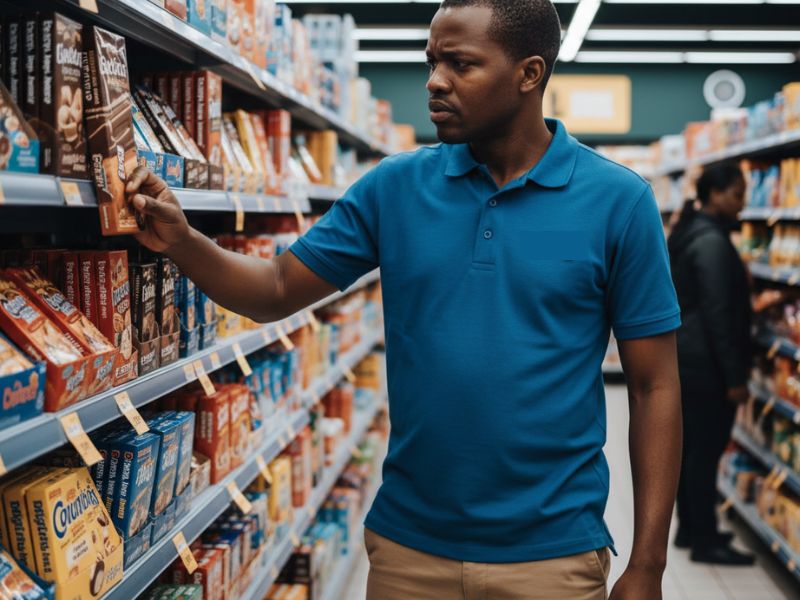Stressed African man in retail uniform looking at chocolate bar in grocery store aisle, appearing conflicted and tired