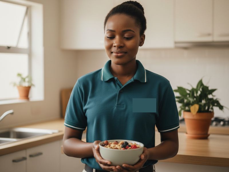 Person looking peaceful and self-accepting, holding healthy snack alternative, soft lighting suggesting calm and understanding
