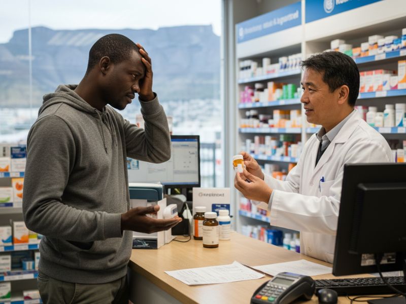 Black South African man at pharmacy counter in Cape Town talking to pharmacist, looking frustrated and concerned