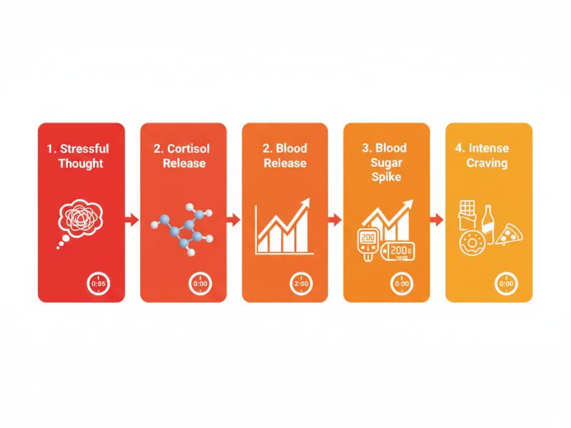 Visual timeline graphic showing 4 stages: thought bubble, stress hormone symbol, blood sugar spike graph, sugar craving icon