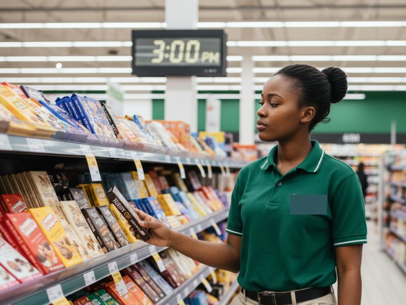 African woman in retail uniform standing near chocolate display during afternoon shift, clock showing 3 PM in background