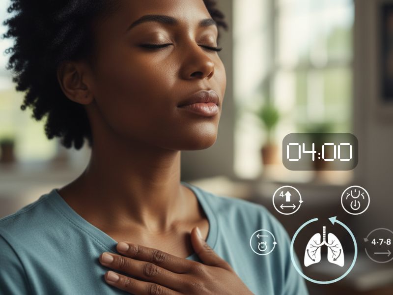 Stopwatch showing 4 minutes with calming breathing illustration, person taking deep breath with hand on chest