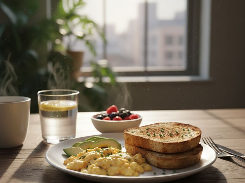 Healthy breakfast plate with protein-rich foods (eggs, toast) and morning sunlight streaming through window