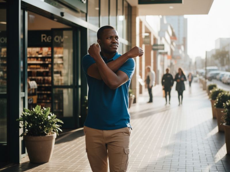 Retail worker taking brief walking break outside store, stretching or moving during work shift