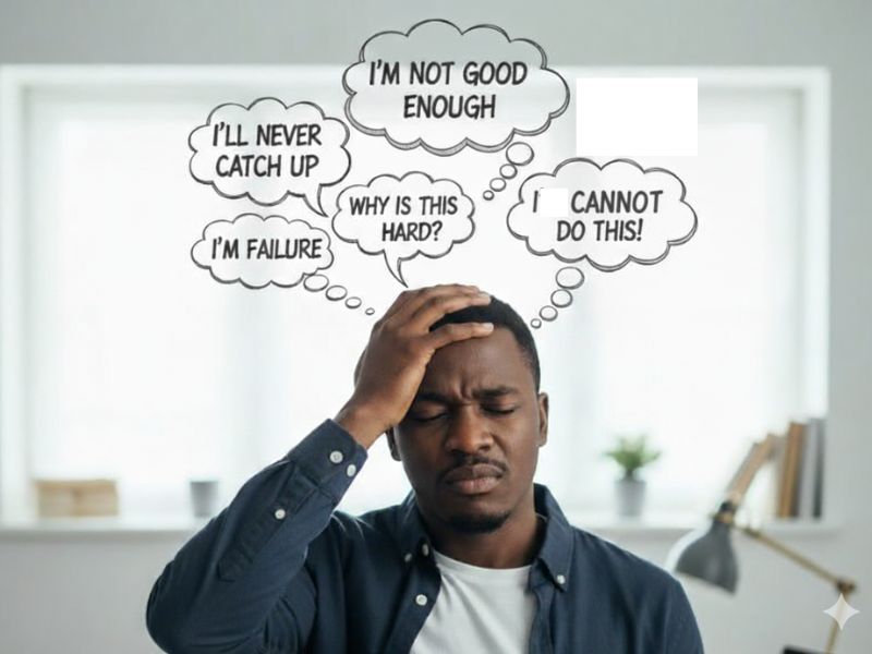 Thought bubbles with negative self-talk phrases floating above person's head, person looking stressed and holding forehead