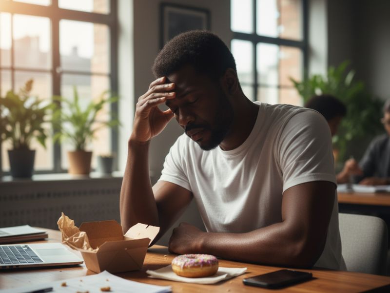 Man experiencing self sabotage with food thoughts after eating lunch