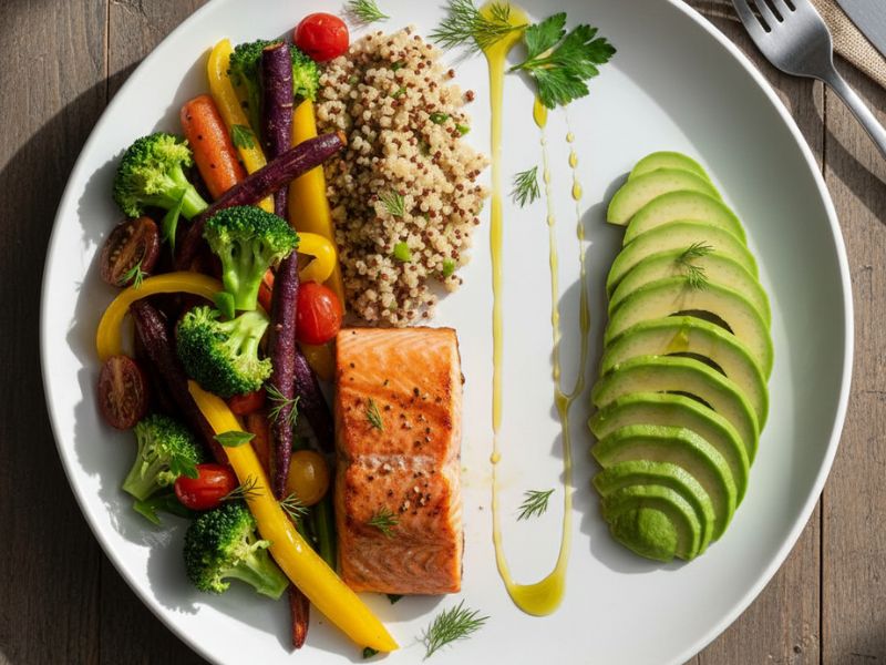 Colorful plate with vegetables, salmon, quinoa, and avocado showing balanced foods to reverse prediabetes