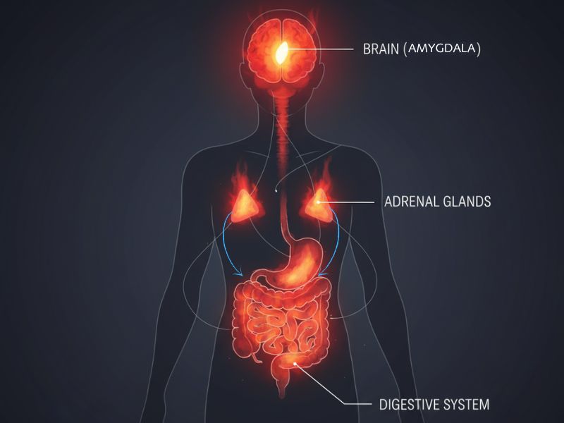 Illustration showing how stress eating triggers activate the body's stress response system