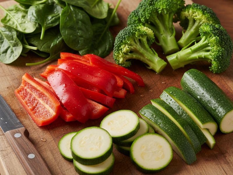 Fresh spinach, broccoli, bell peppers, and zucchini on cutting board - fiber-rich vegetables for prediabetes reversal