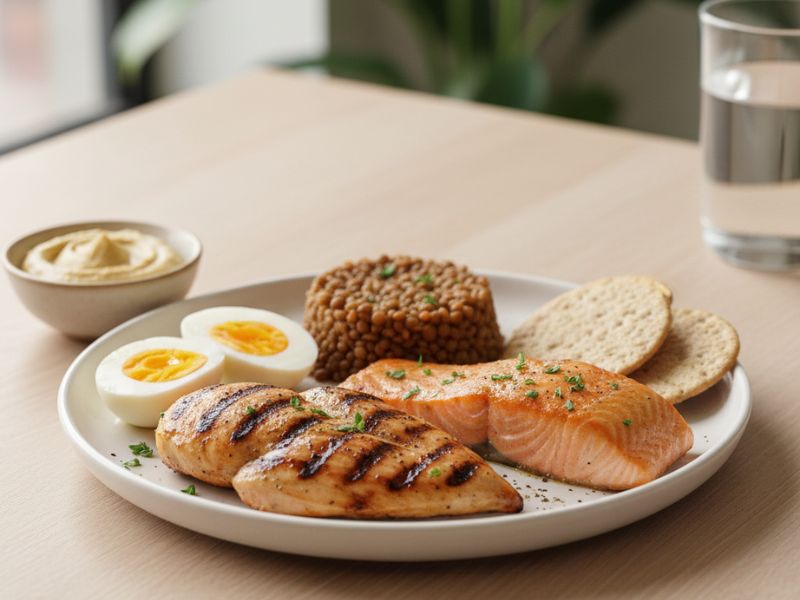 Grilled chicken, salmon, eggs, and lentils - lean protein options for blood sugar control