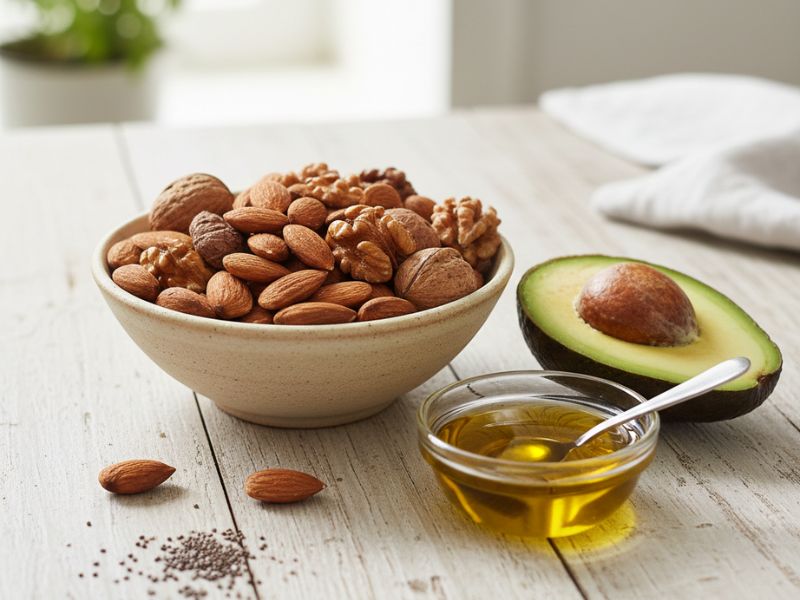 Avocado, almonds, walnuts, chia seeds, and olive oil - healthy fats for insulin sensitivity
