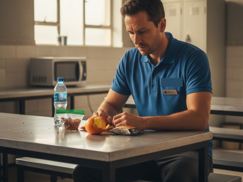 Retail worker taking a mindful break during a long shift to manage stress eating at work