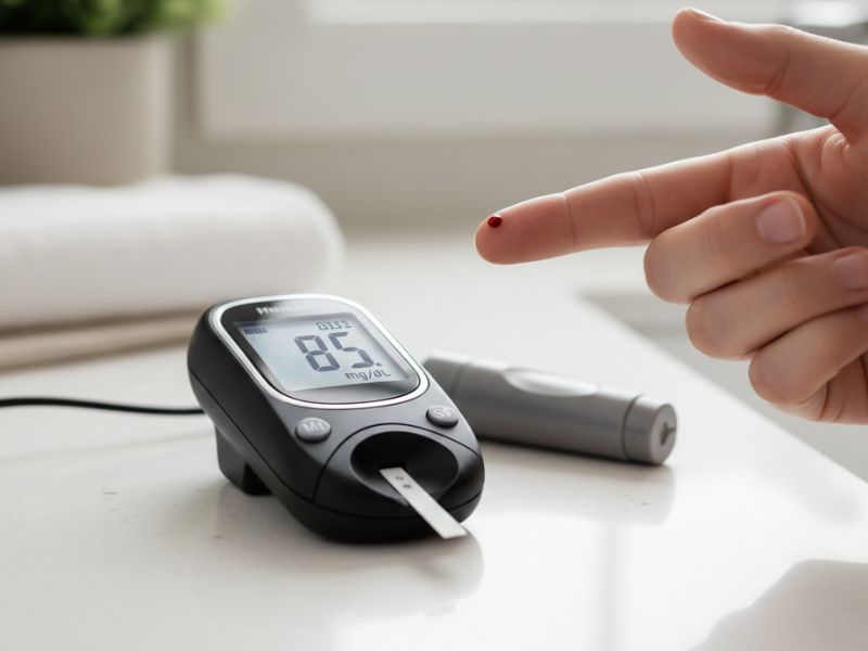 Glucose meter showing blood sugar reading for testing food response in prediabetes
