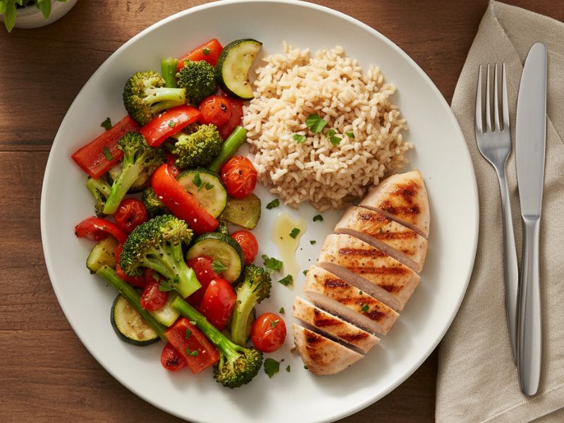 Divided dinner plate with vegetables, protein, and grains - plate method for reversing prediabetes