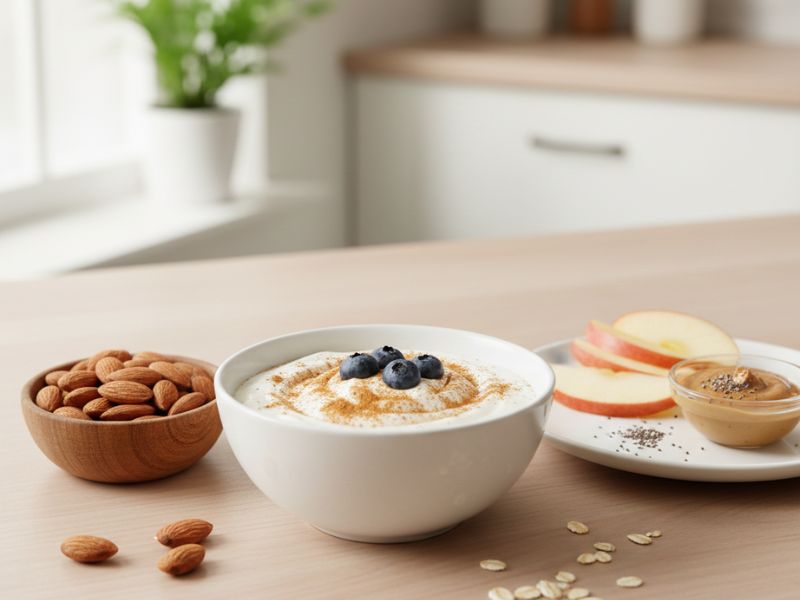 Greek yogurt, almonds, and apple slices with almond butter - healthy snack options