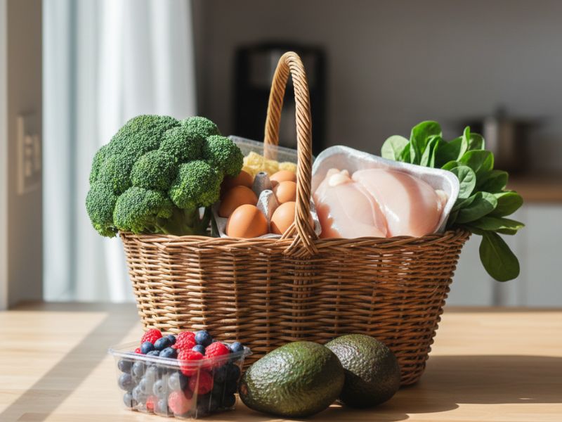 Shopping basket filled with fresh vegetables, eggs, chicken, avocados, and berries