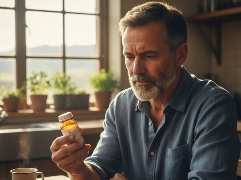 Man considering metformin and erectile dysfunction concerns while holding medication bottle