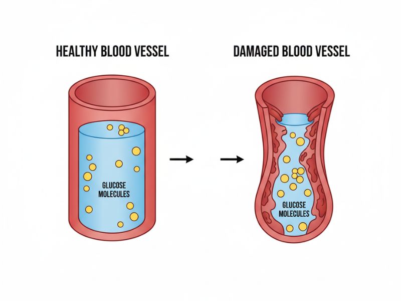 Medical diagram showing blood sugar damage to vessels causing erectile dysfunction