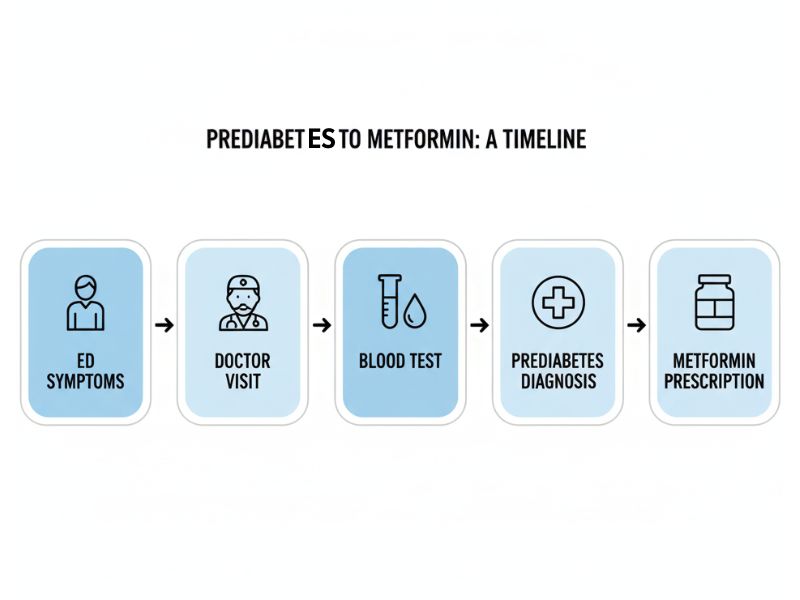 Clean timeline graphic showing: ED symptoms → Doctor visit → Blood test → Prediabetes diagnosis → Metformin prescription, with arrows and simple icons