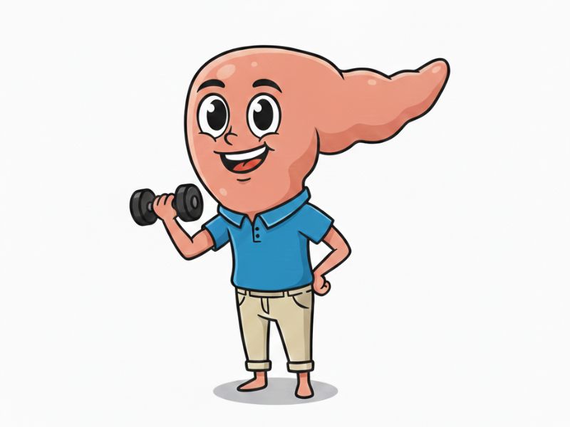 Cartoon pancreas character holding dumbbell showing exercise for insulin resistance