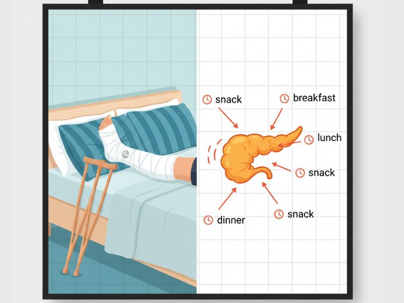 Comparison showing broken leg in cast versus overworked pancreas illustration