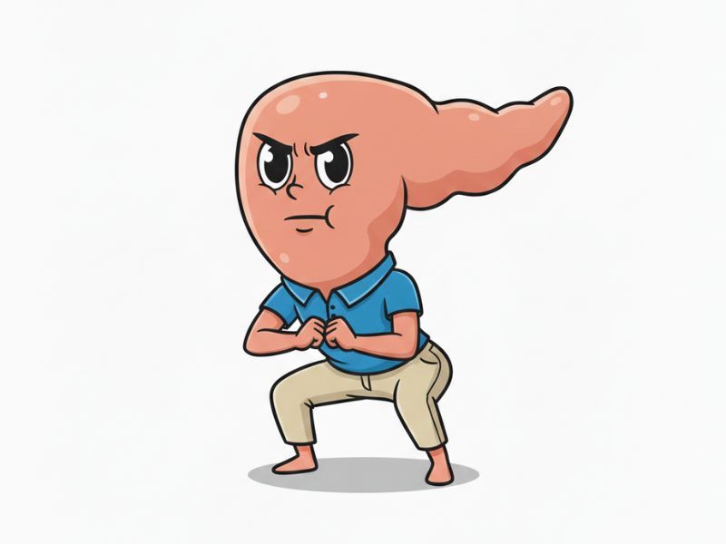 Pancreas character Pete doing bodyweight squat for strength training