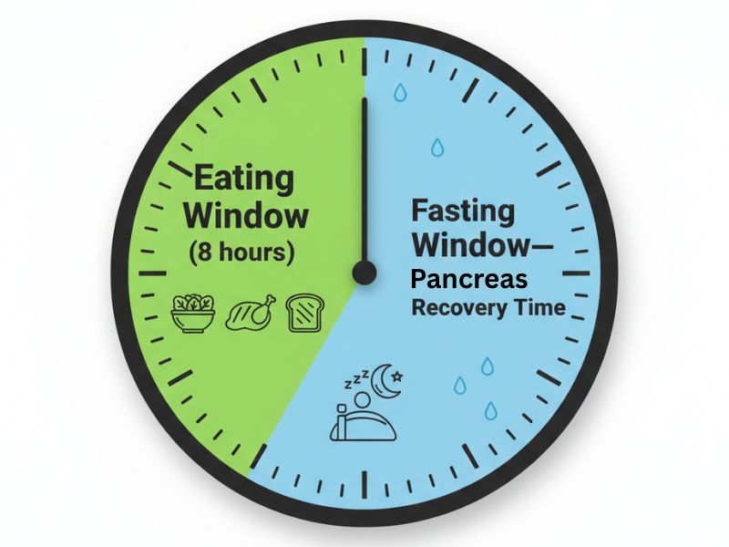 16:8 intermittent fasting window clock showing eating and fasting periods for insulin resistant weight loss