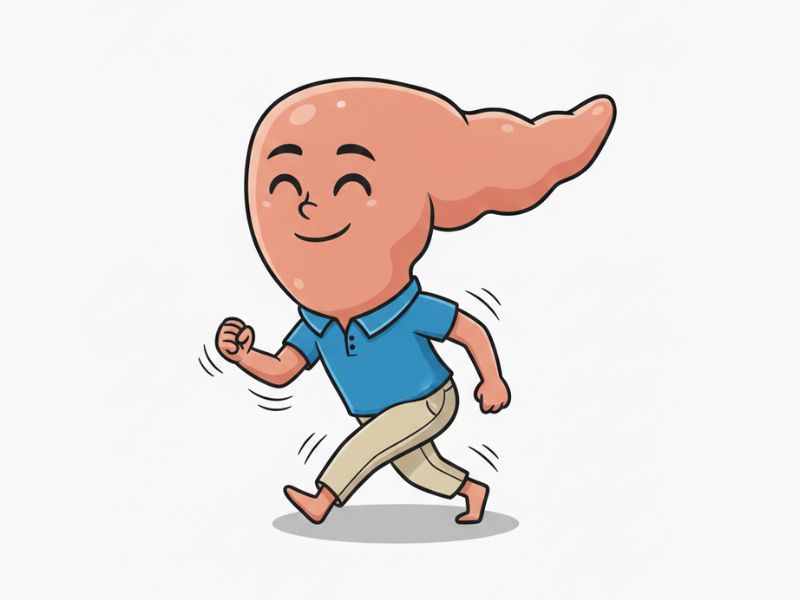 Pete the pancreas walking contentedly with motion lines