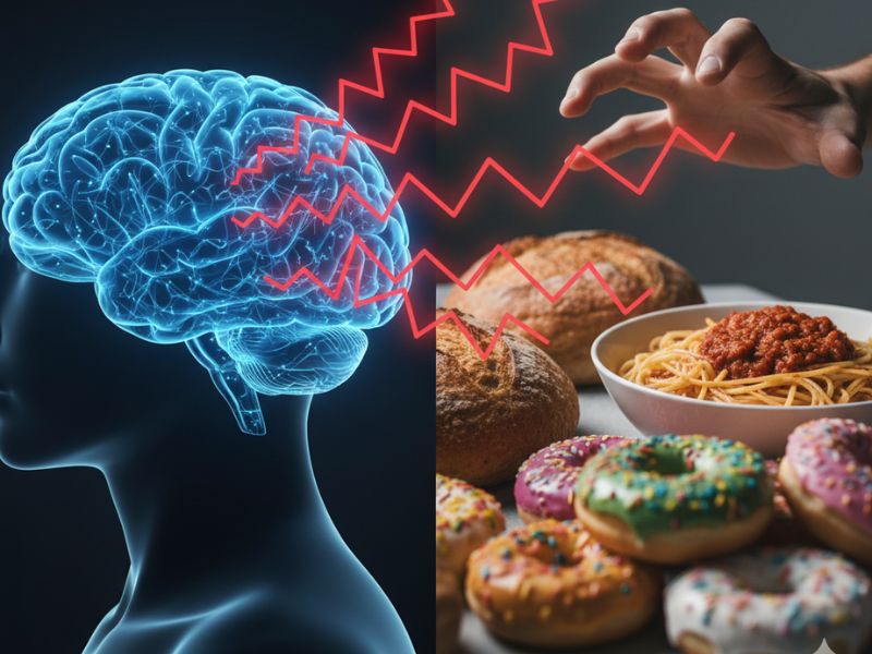 Brain sending hunger signals to food illustrating biological cravings from insulin resistance