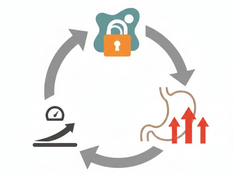 Circular diagram showing locked fat cells, increased hunger, and weight gain cycle