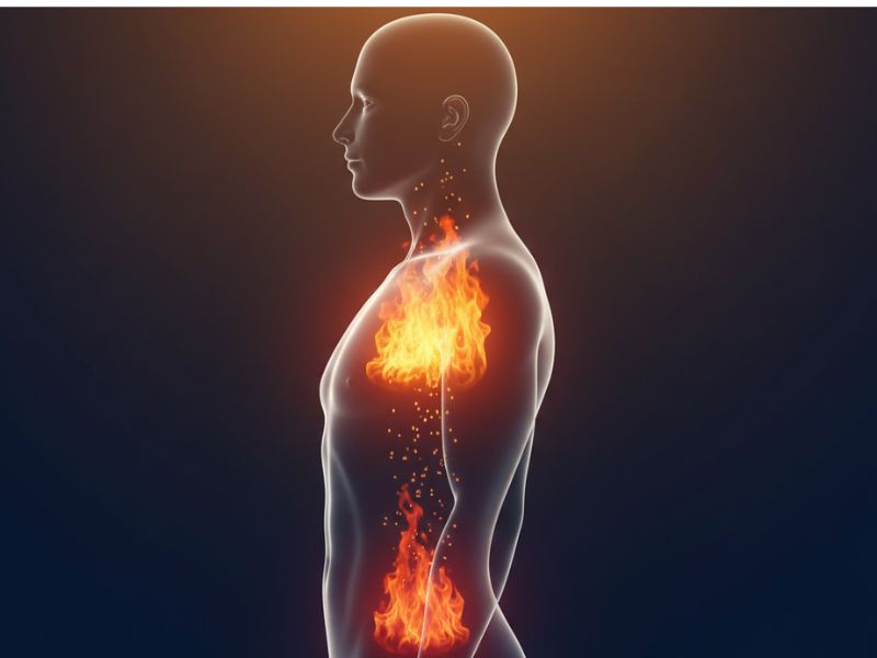 Human silhouette with dimming metabolic flames showing metabolic adaptation from insulin resistance