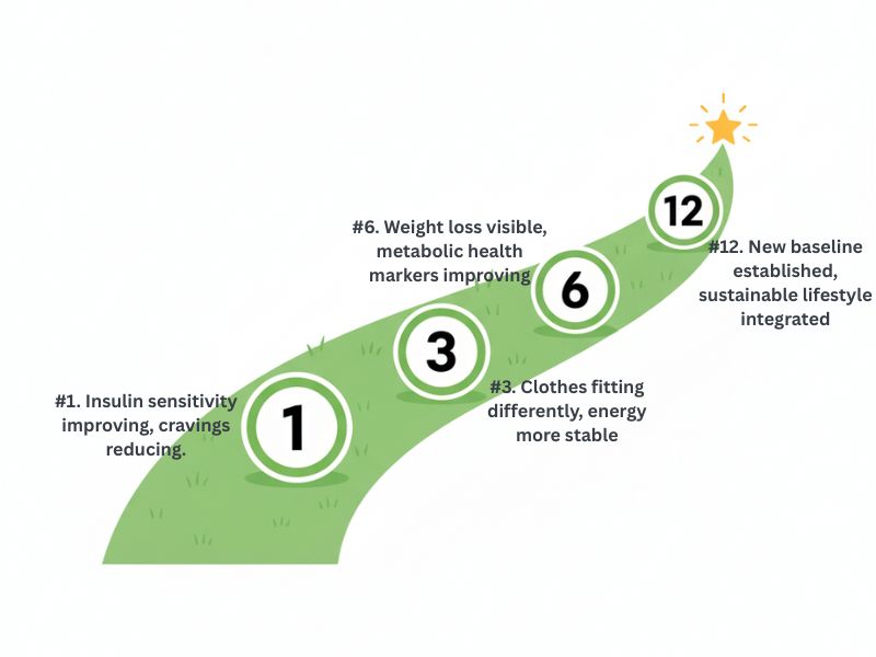 Progressive timeline path showing sustainable weight loss milestones over 12 months
