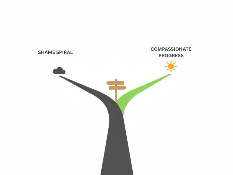 Two paths illustration comparing shame spiral versus compassionate progress approach