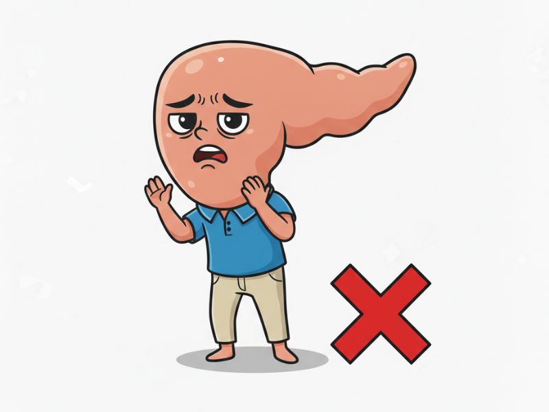 Stressed pancreas character with red X showing exercise mistakes