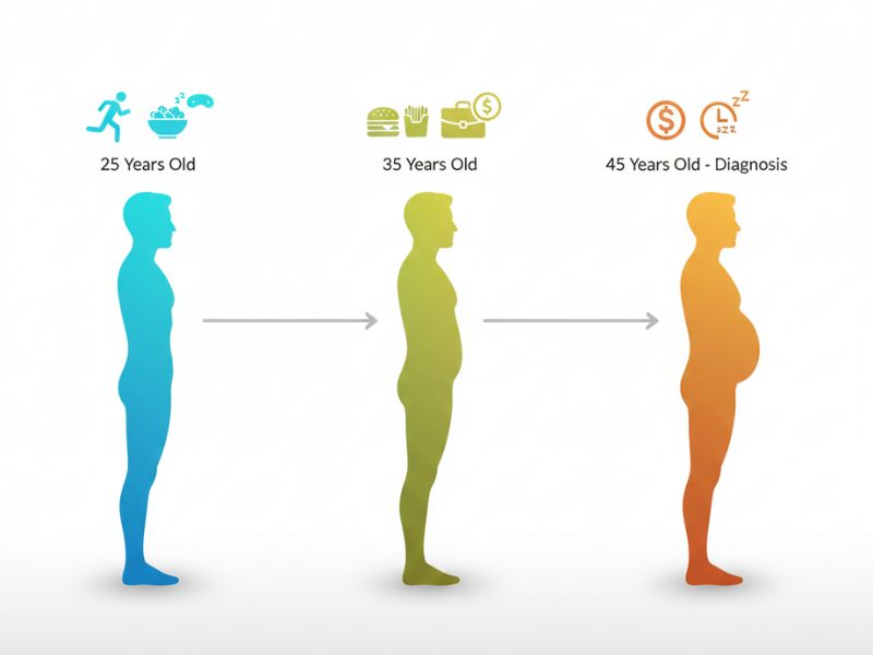 Timeline showing gradual weight gain progression from twenties to insulin resistance diagnosis