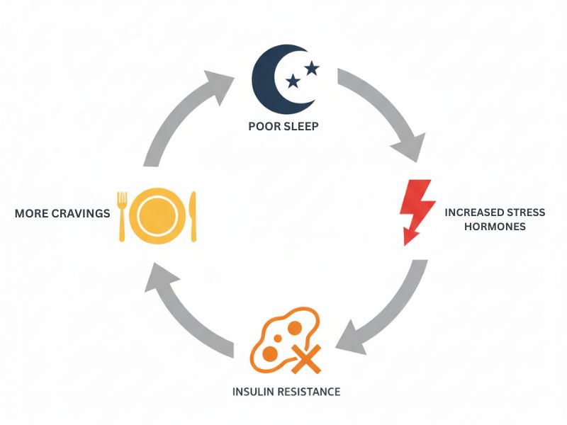 Cycle diagram showing sleep deprivation leading to stress, insulin resistance, and increased eating
