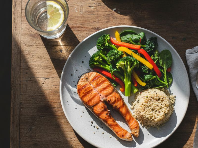 Balanced plate with salmon protein and vegetables for improving insulin sensitivity