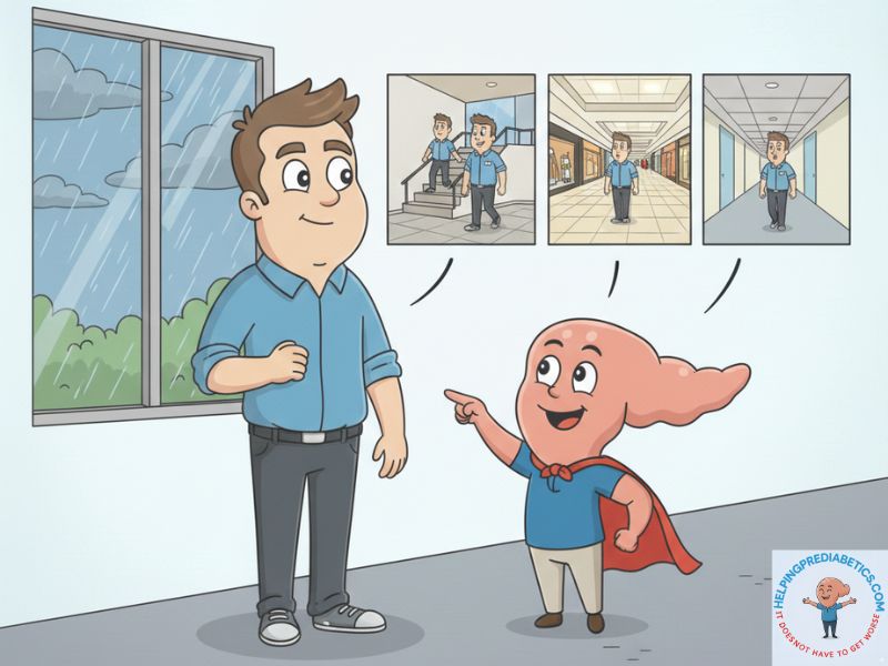 Person walking up office stairs for post-meal movement