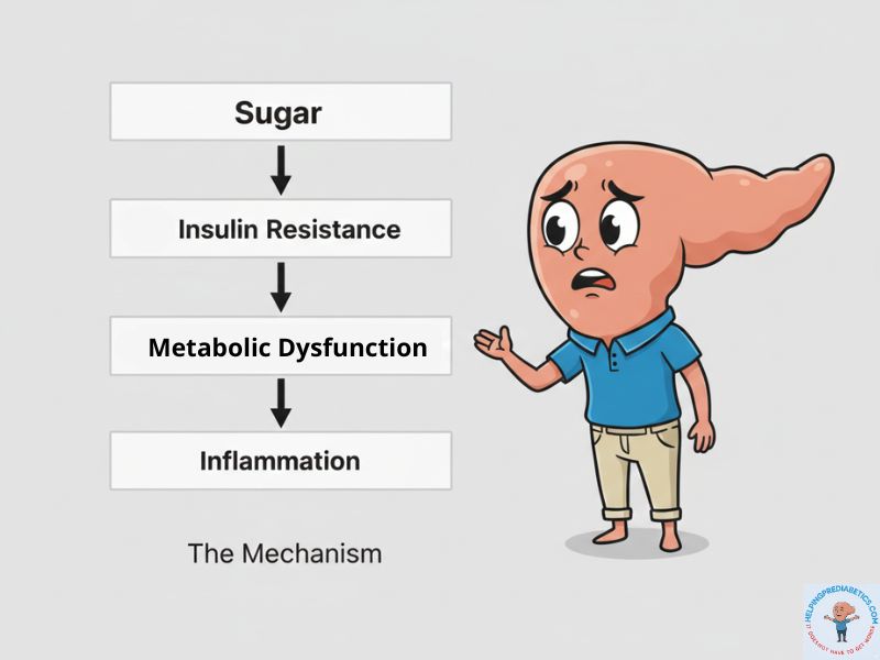 Sugar metabolism pathway showing insulin resistance leading to inflammation