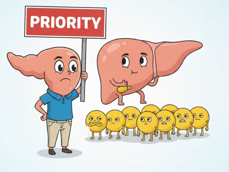 Pete the pancreas holding a priority sign while glucose molecules queue up waiting their turn