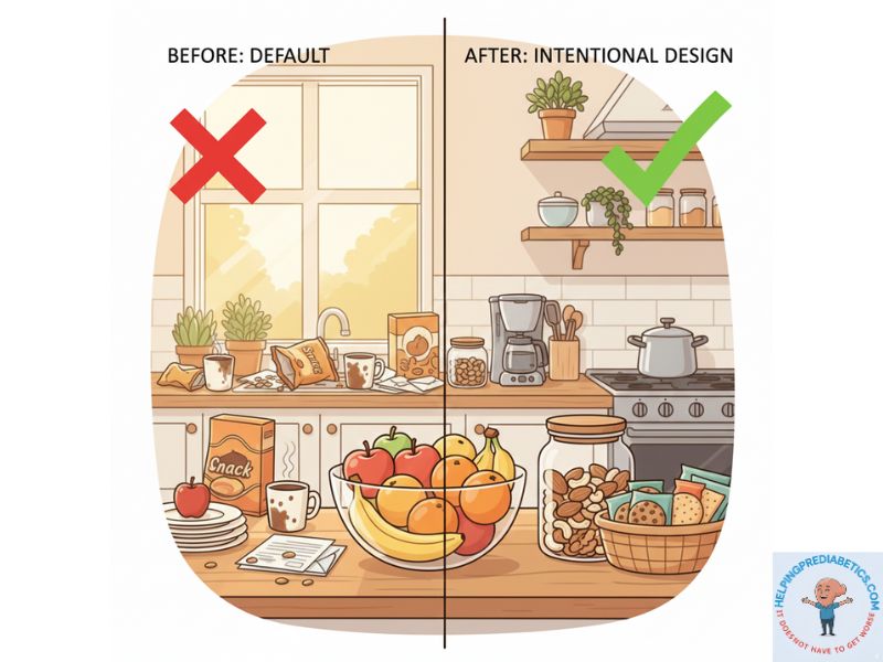 environment design for building good habits - organized vs default kitchen setup