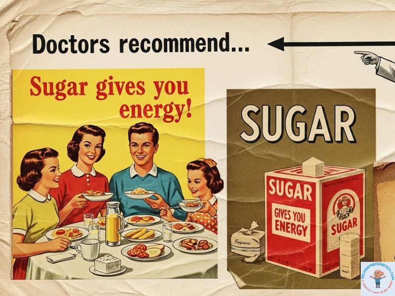 Vintage sugar advertisements from 1950s promoting sugar as healthy energy source