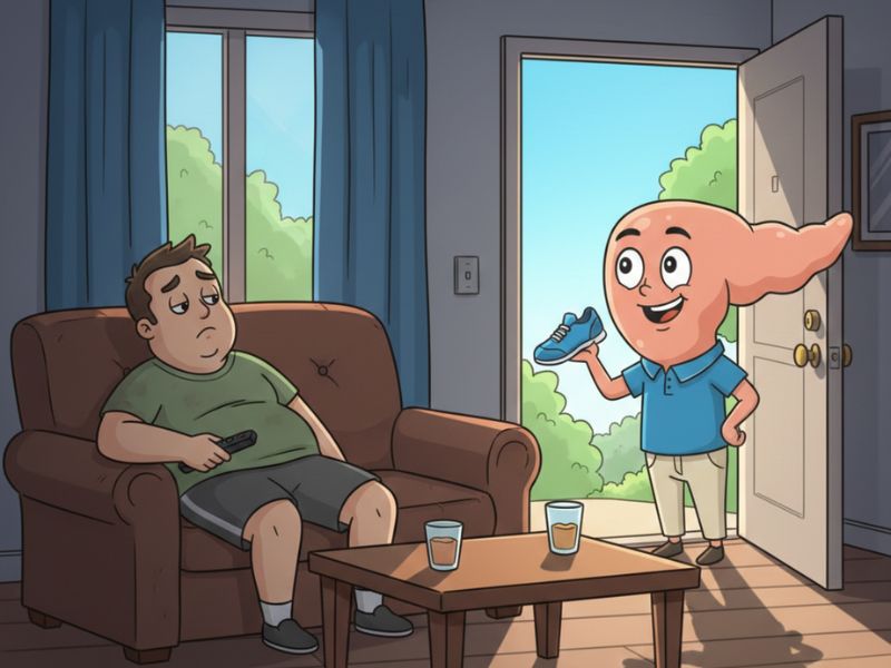 Jan on the couch the morning after drinking while Pete the pancreas holds up a walking shoe at the door