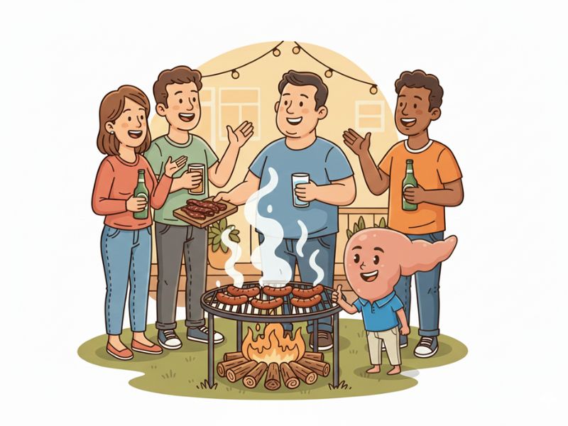 Jan choosing water and biltong at the braai while Pete the pancreas gives a thumbs up