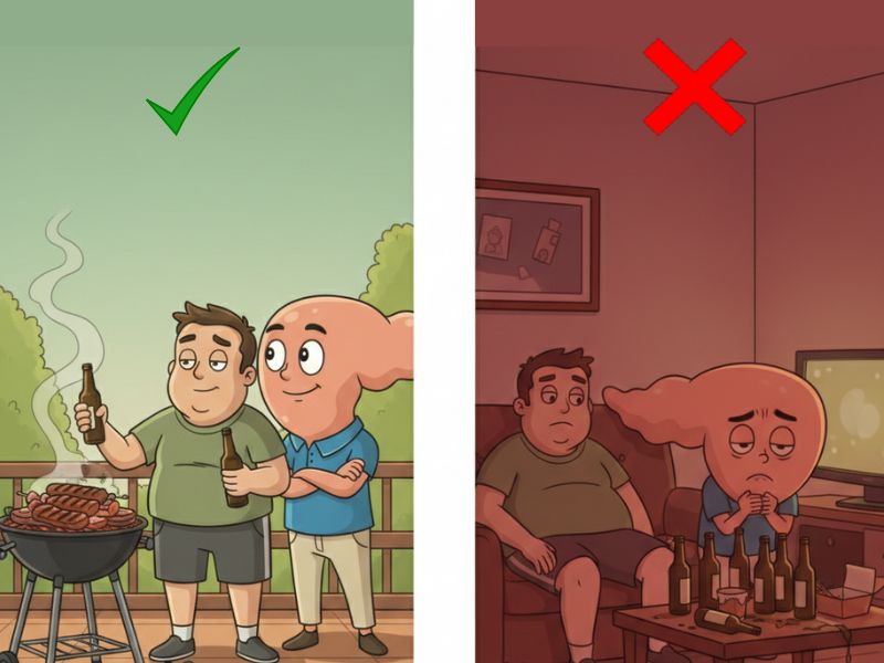 Does alcohol raise blood sugar more with poor choices — Pete the pancreas healthy vs exhausted in split scene