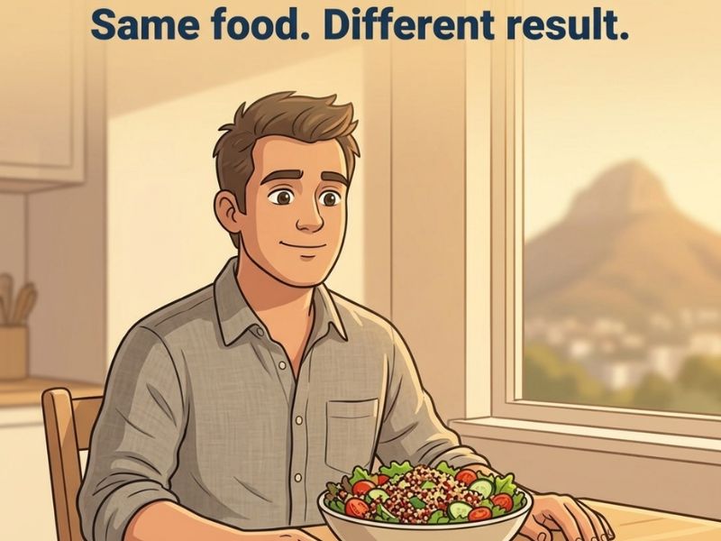 Man eating calmly at a kitchen table — intuitive eating for diabetes