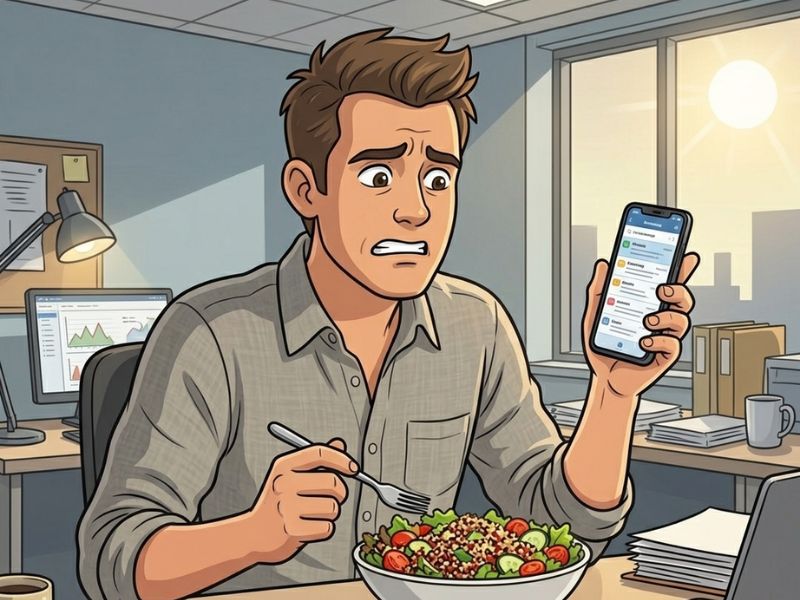 Man eating lunch at a desk while stressed and distracted
