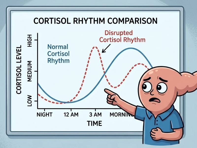 Cortisol rhythm disruption during poor sleep affecting blood sugar levels overnight