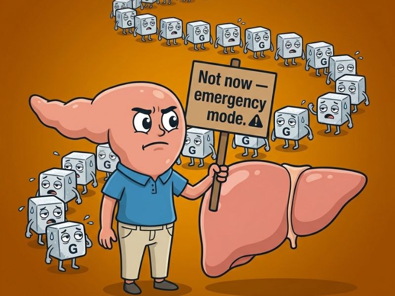 Cartoon Pete explaining how stress hormones trigger liver glucose release — intuitive eating for diabetes