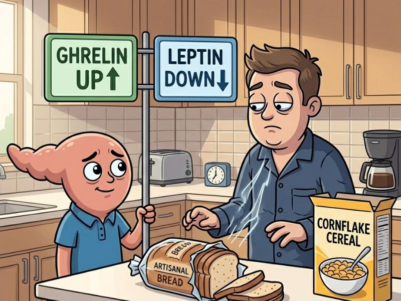 Sleep deprivation raising ghrelin and lowering leptin causing sugar cravings after poor sleep